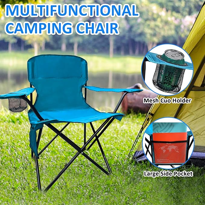 Folding Camping Chair, 225lb Capacity, Includes Cup Holder & Side Storage Bag, 5.5lbs Portable for