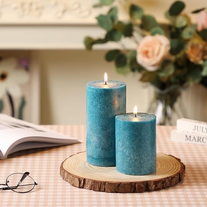 3x6 inch Blue Pillar Candles Set of 3, Unscented Pillar Candle, Dripless and Smokeless Large