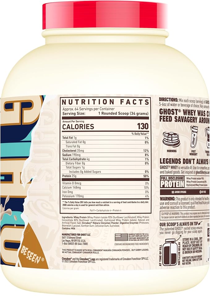 GHOST Whey Protein Powder, Cinnabon - 5LB, 25G of Protein - Cinnamon Roll Flavored Isolate