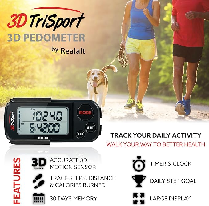 3DTriSport Walking 3D Pedometer with Clip & Strap, eBook Included | 30 Days Memory, Accurate Step