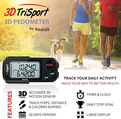 3DTriSport Walking 3D Pedometer with Clip & Strap, eBook Included | 30 Days Memory, Accurate Step