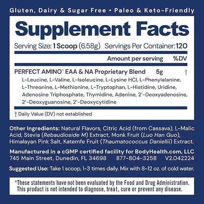 BodyHealth PerfectAmino Powder - BCAA and EAA Powder for Pre and Post Workout - Amino Acid Energy