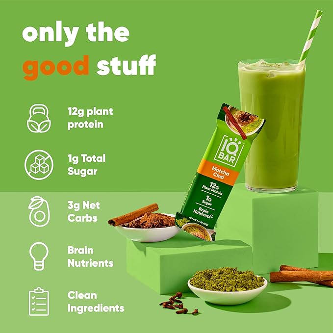 IQBAR Brain and Body Plant Protein Bars - Matcha Chai - 36-Count Low Carb - Gluten Free, High