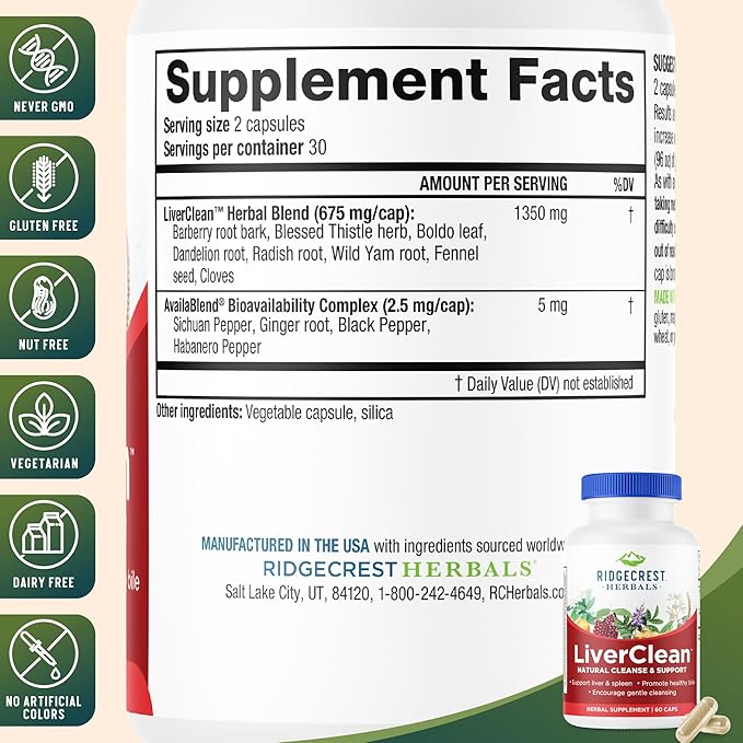 Ridgecrest Herbals LiverClean, Herbal Liver Support Supplement, Blessed Thistle, Dandelion, Detox