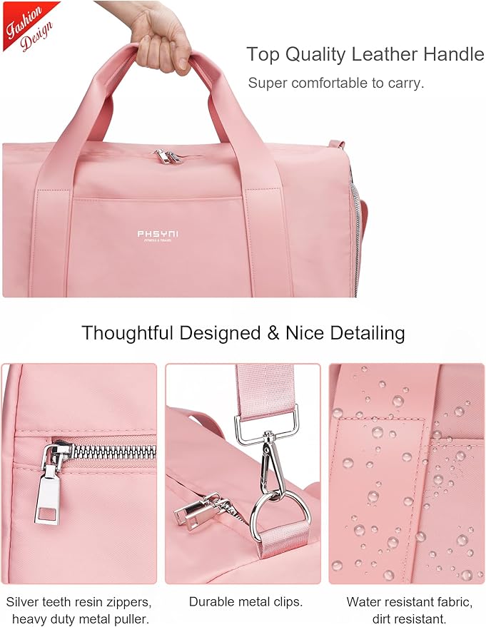 Pink Gym Bag for Women Girls with Shoe Compartment & Wet Pocket - Duffle Bag for Travel Sports