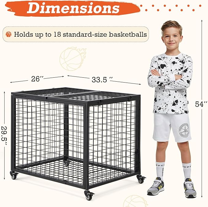AECOJOY Ball Cart Storage, Rolling Basketball Bin with Wheels for Garage, School, Gym, Sports