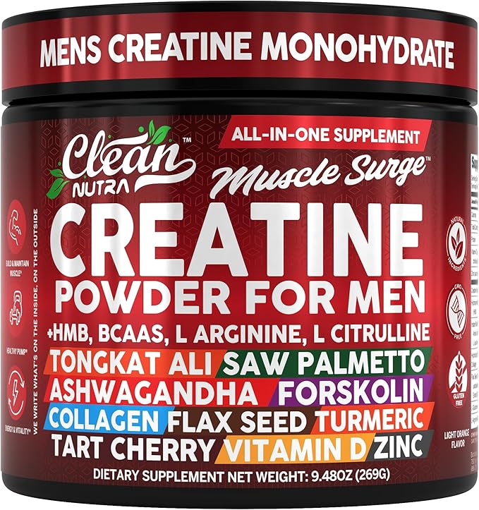 Clean Nutra Creatine Powder for Men + HMB BCAA L Arginine L Citrulline Tongkat Ali Saw Palmetto