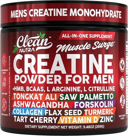 Clean Nutra Creatine Powder for Men + HMB BCAA L Arginine L Citrulline Tongkat Ali Saw Palmetto