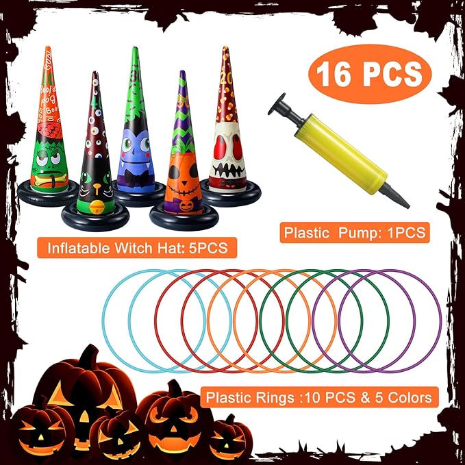Capoda 16 Pcs Halloween Party Games Toys Inflatable Witch Hat Ring Toss Game with Plastic Toss