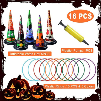 Capoda 16 Pcs Halloween Party Games Toys Inflatable Witch Hat Ring Toss Game with Plastic Toss