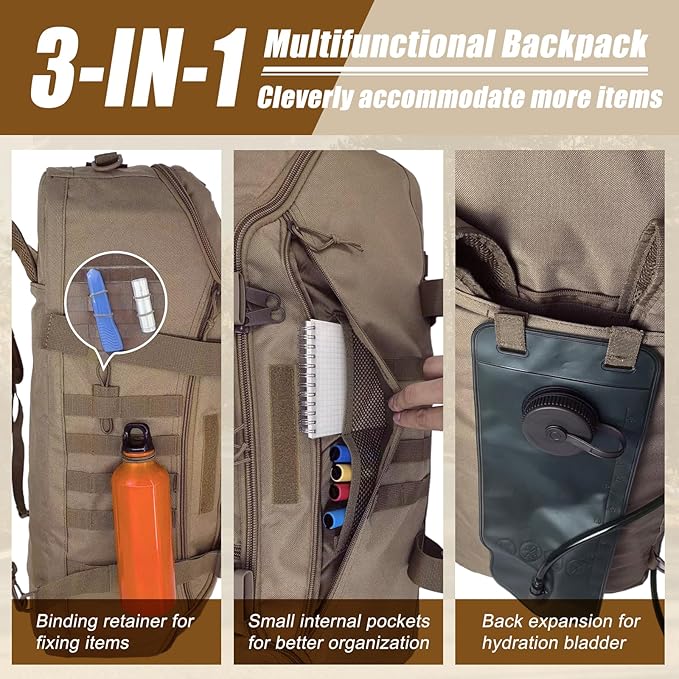 65L Large Travel Gym Duffle Bag Military Tactical Backpack, Army Pack 3 Day Bug Out Bag Rucksack