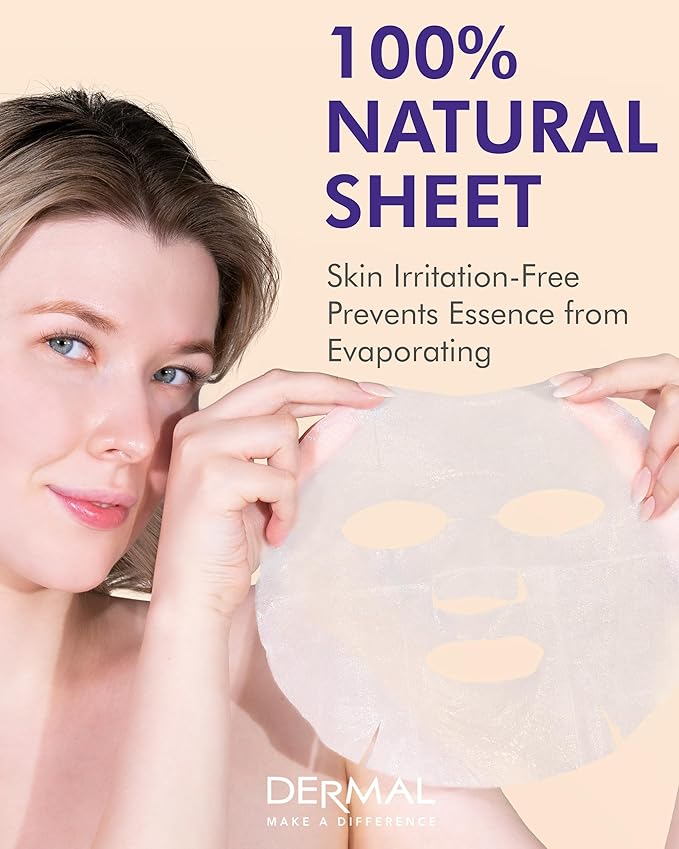 DERMAL Acai Berry Collagen Essence Facial Mask Sheet 23g Pack of 10 - Moisturizing & Firming Keeps