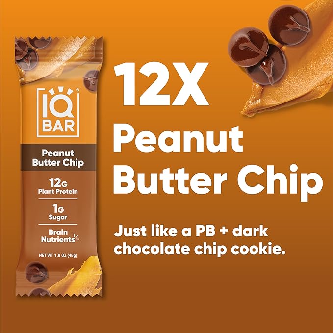 IQBAR Brain and Body Plant Protein Bars - Peanut Butter Chip - 12 Count, Low Carb, High Fiber