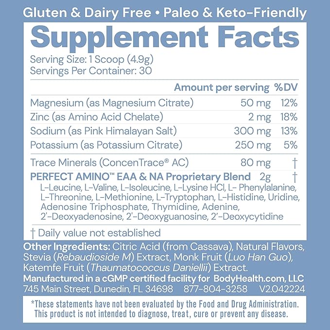 BodyHealth PerfectAmino Electrolytes Powder No Sugar, Hydration Fasting Keto Zero Sugar