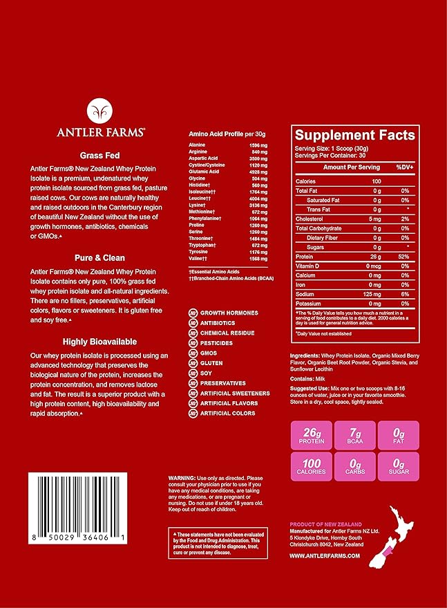 Antler Farms - 100% Grass Fed New Zealand Whey Protein Isolate, Mixed Berry Flavor, 30 Servings, 2