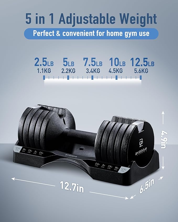 Adjustable Dumbbell – 12.5/25lb Single Unit OR Set of 2 – 5-in-1 Adjustable Weight for Home Gym