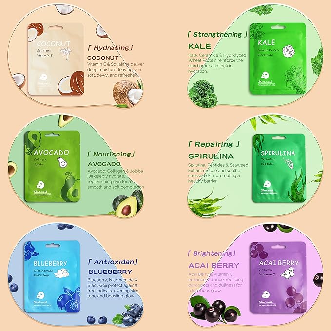 24 Pack Sheet Face Masks Skincare for All Skin Types, Hydrating Face Mask Beauty Suitable for