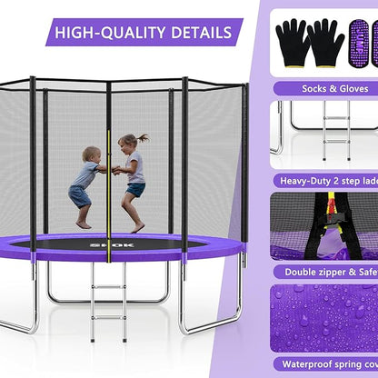 SKOK Trampoline 8FT 10FT 12FT 14FT 15FT Trampolines with Enclosure Net, 400LBS Outdoor Trampolines