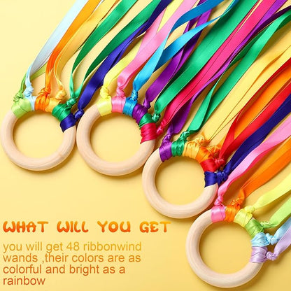 Junkin Ribbon Rings Hand Kite Waldorf Toys Dancing Wrist Ribbons Rainbow Streamers with Wood Ring