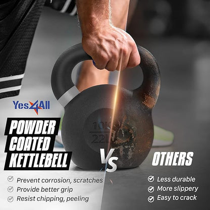 Yes4All Kettlebell, Heavy Duty Powder Coated Cast Iron Kettlebells, Non-Slip Handle & Flat Bottom