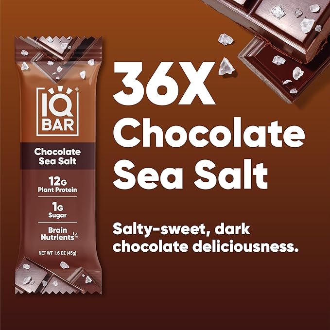 IQBAR Brain and Body Plant Protein Bars - Chocolate Sea Salt - 36-Count Low Carb - Gluten Free