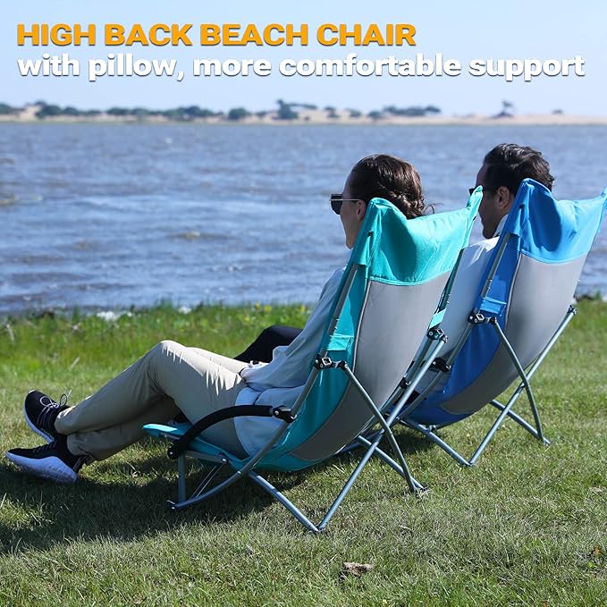 KingCamp Low Beach Chairs, Portable Folding Chair for Adults Extra Wide Ergonomic High Back Seat