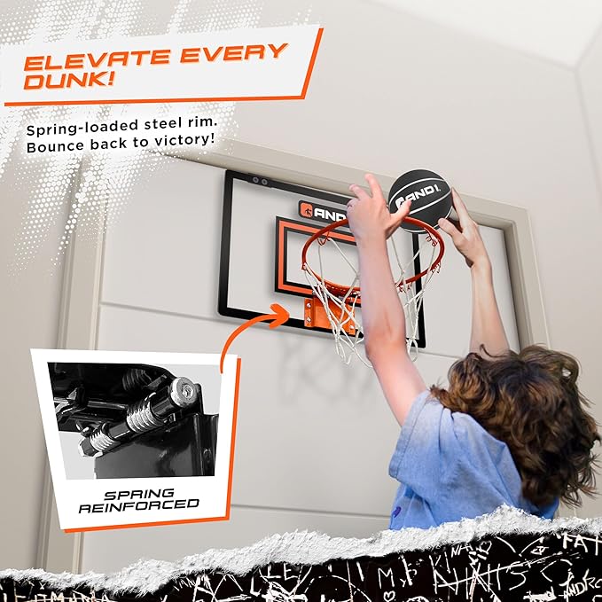 AND1 Over the Door Mini Basketball Hoop: 18x12 Shatterproof Backboard, 2 Mini Basketballs, and Hand