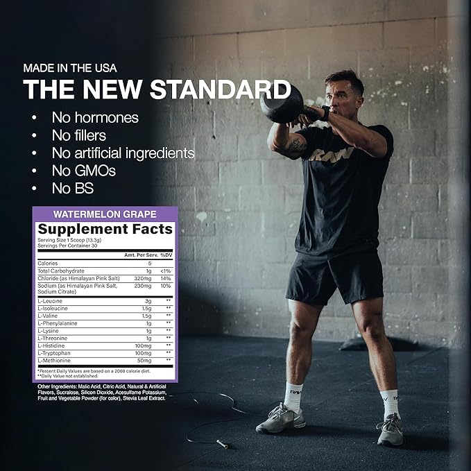 RAW EAA Plus, Amino Acids Powder, Watermelon Grape (30 Servings) - Pre Workout Amino Energy Powder