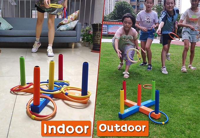 Ring Toss Game for Kids, Indoor & Outdoor Game for Family and Adults with 5 Poles, 2 Bases and 16