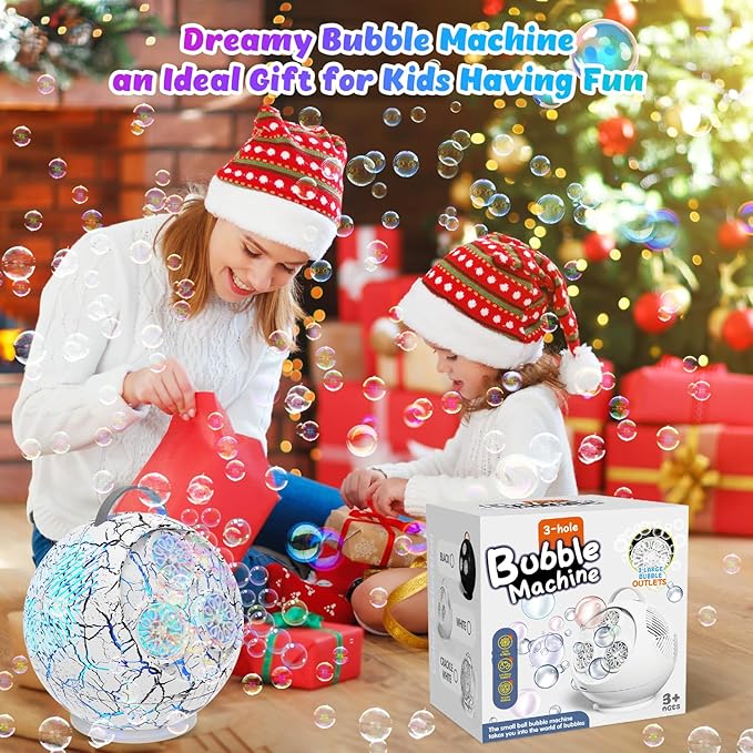 Bubble Machine for Kids Toddlers,45°/360° Rotatable Spherical Bubble Maker Toy with LED