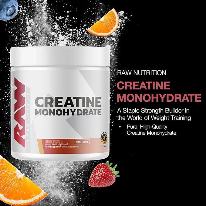 RAW Nutrition Creatine Monohydrate Powder, Fruit Punch (30 Servings) - Micronized Creatine