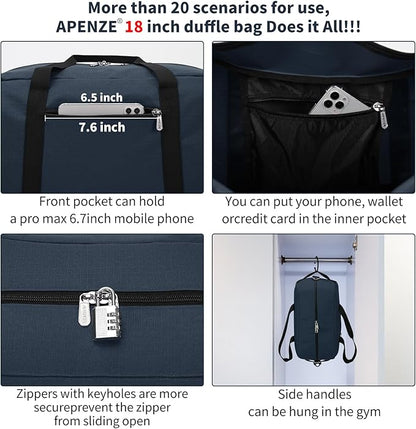 Small Gym Bag 18 inch Carry On Duffel Bag for Weekender Travel - Navy Blue