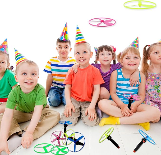 48 Pcs Flying Saucer Flying Disc Toy Helicopter Toy Disco Flyers Include 16 String Launchers and 32