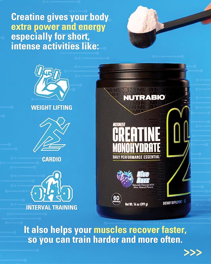 NutraBio Pure Micronized Creatine Monohydrate Powder Supplement, Blue Razz Burst(300 g) - Supports
