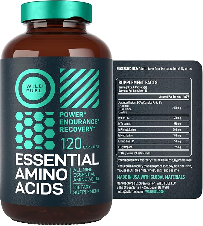 WILD FUEL Essential Amino Acids Supplement for Women and Men - All 9 BCAAs Amino Acid Complex for