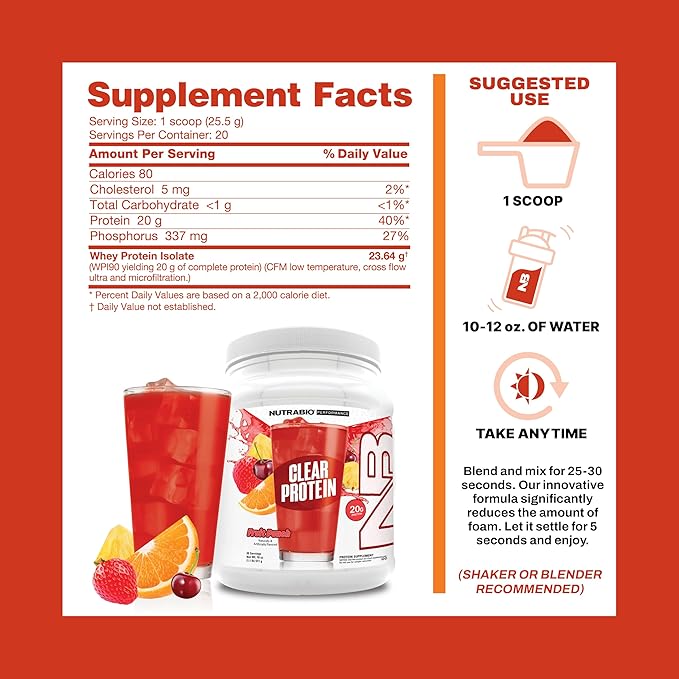 NutraBio Clear Protein Powder, Fruit Punch - 20 Servings, 20g Clear Whey Protein Isolate, 0 Sugar