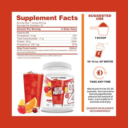 NutraBio Clear Protein Powder, Fruit Punch - 20 Servings, 20g Clear Whey Protein Isolate, 0 Sugar