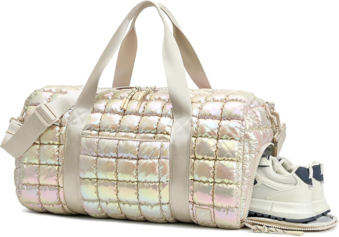 Quilted Duffel Bag for Women, Puffer Gym Duffle Bag with Shoe Compartment Lightweight Large