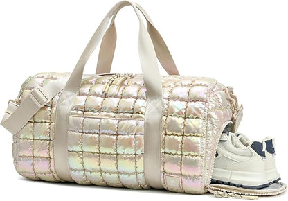 Quilted Duffel Bag for Women, Puffer Gym Duffle Bag with Shoe Compartment Lightweight Large