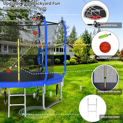 Upgraded Trampoline 8FT/10FT/12FT/14FT With Basketball Hoop, Light, Sprinkler, Stakes - Outdoor