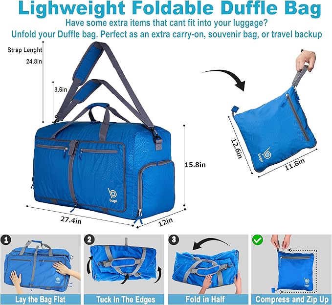 Bago Large Foldable Duffel Bags for Traveling Women & Men - 80L Packable Duffle Bag for Travel with