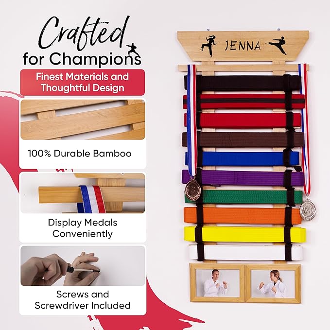 Karate Belt Display Rack - Bamboo 10 Taekwondo Belt Display with Customization Stickers, 2 Picture