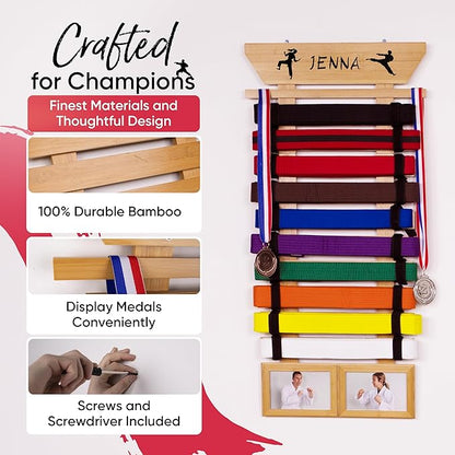 Karate Belt Display Rack - Bamboo 10 Taekwondo Belt Display with Customization Stickers, 2 Picture