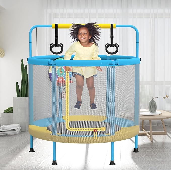 LANGXUN 60" Trampoline for Kids, 5ft Mini Toddler Indoor & Outdoor Trampoline with Net, Basketball