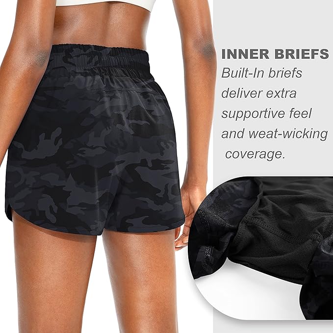 SANTINY Women's Running Shorts with Zip Pockets High Waisted Athletic Workout Gym Shorts for Women