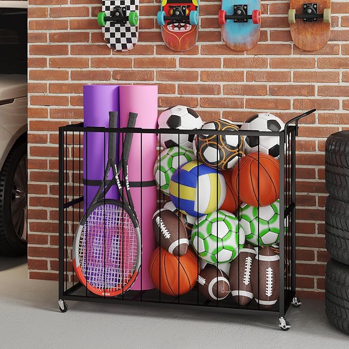 Ball Storage Bin Rolling Sports Ball Cart, Metal Garage Organizer Sport Rack, Ball Basket Storage