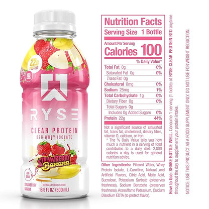 RYSE Clear Protein Shake - Strawberry Banana - 100 Calories, 22g Whey Isolate Protein, Sugar-Free