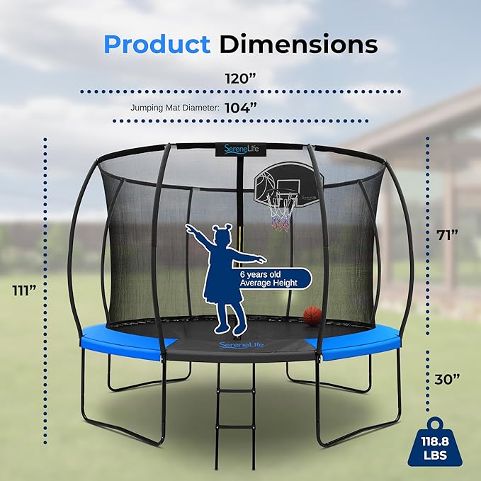 SereneLife 8FT 10FT 12FT 14FT Outdoor Trampoline for Kids - Recreational Backyard Trampoline with