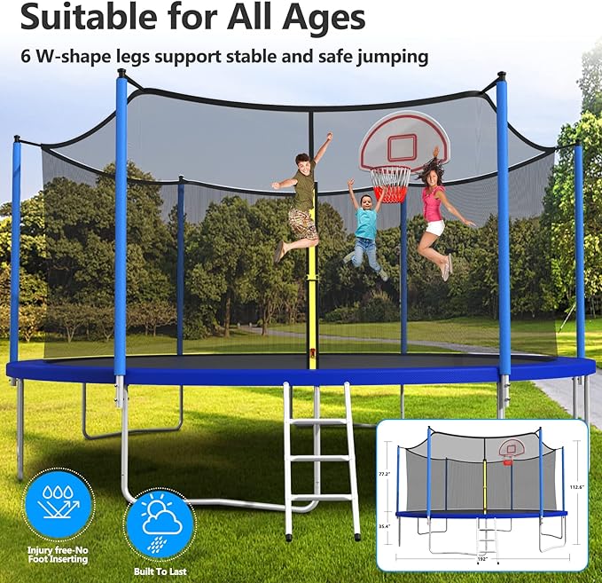 Upgraded 10/12/14/15/16FT Trampoline Outdoor, Large Kids Trampoline with Light, Stakes, Sprinkler