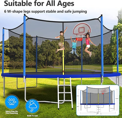 Upgraded 10/12/14/15/16FT Trampoline Outdoor, Large Kids Trampoline with Light, Stakes, Sprinkler